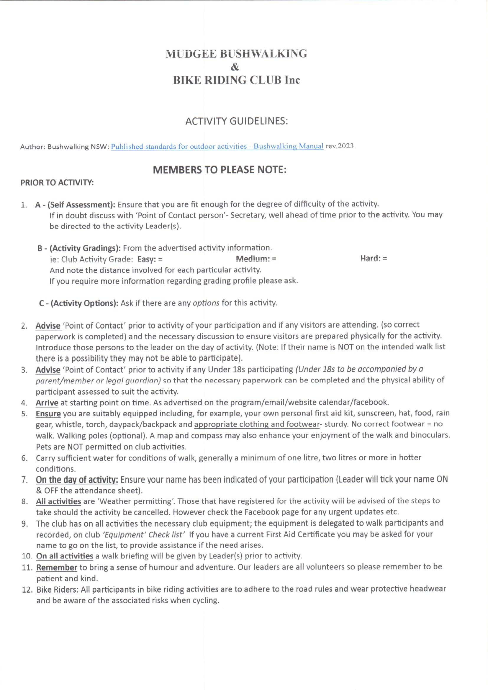 Activity Guidelines – Mudgee Bushwalking and Bike Riding Club Inc