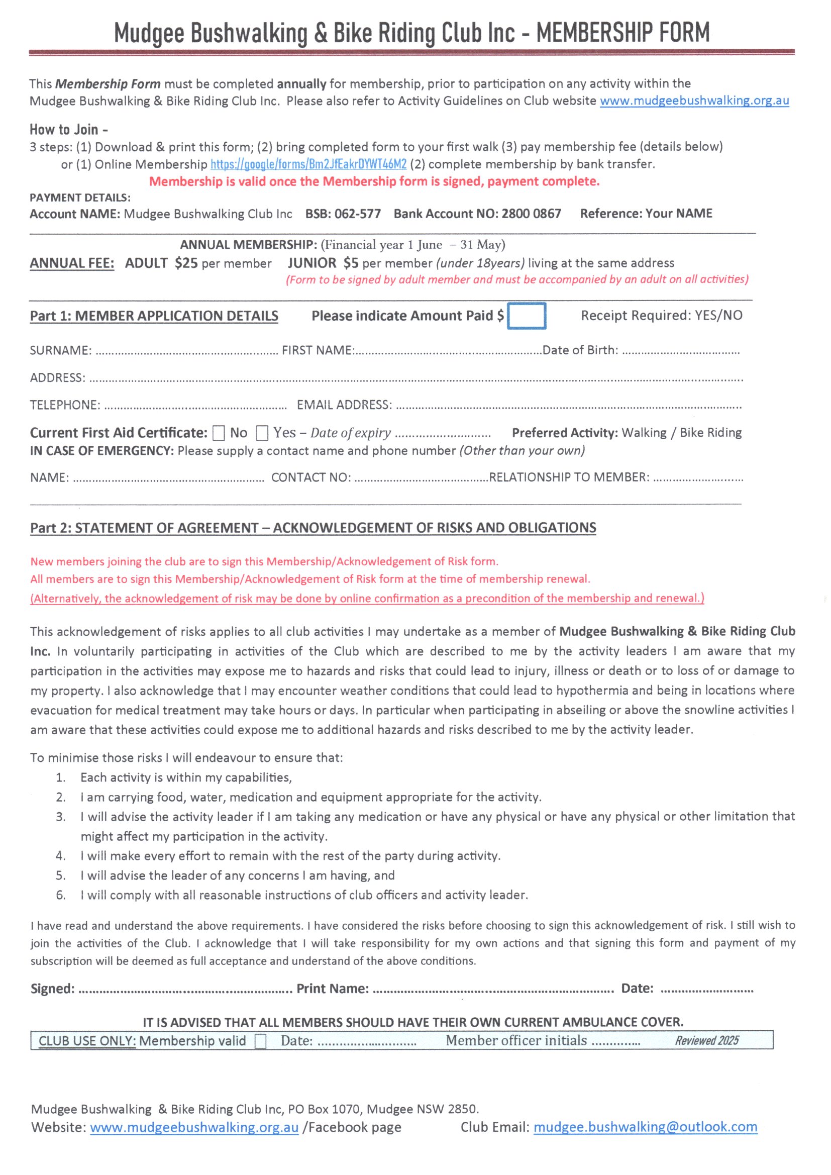 Membership Form – Mudgee Bushwalking and Bike Riding Club Inc